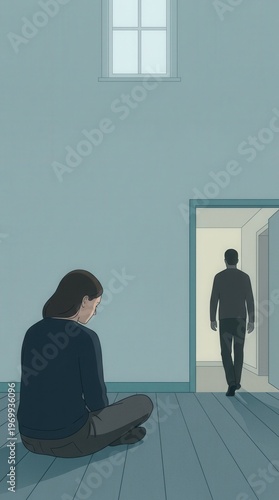 Illustration of woman sitting on floor watching man walking away from partner through doorway. Minimalist conceptual art depicting breakup, divorce, separation, loneliness, and relationship end.