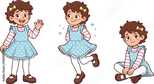 Cute cartoon little girl in blue polka dot dress, set of three playful poses, smiling, waving, dancing, sitting, cheerful character illustration, EPS vector.