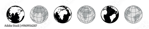 Minimalist Globe Icon Set in Black and Gray Vector Set