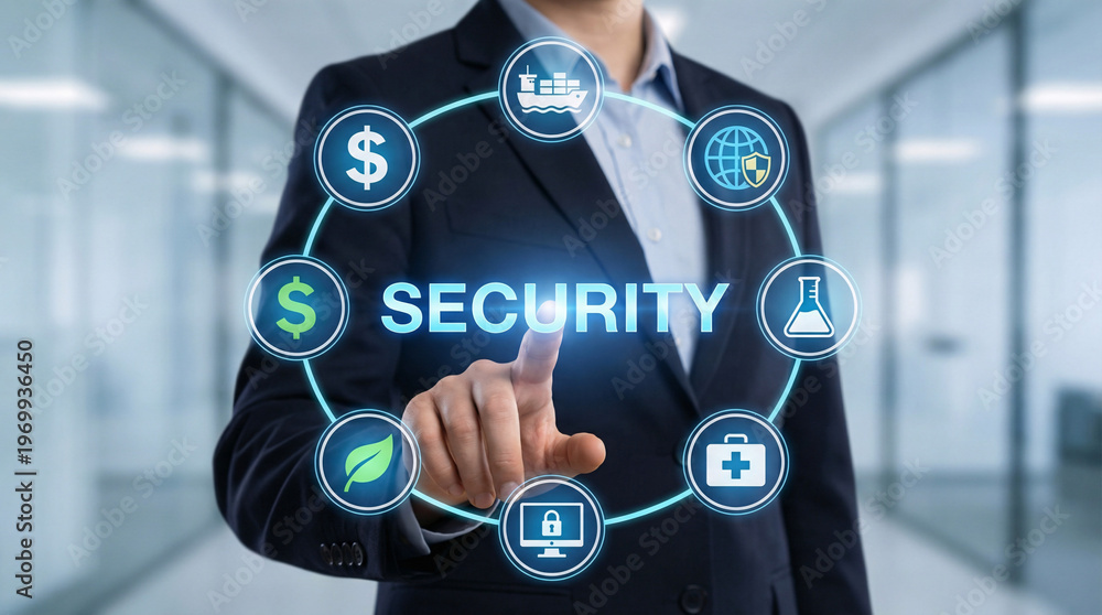Obraz premium Businessperson taps holographic security interface. Circular icons surround central word 