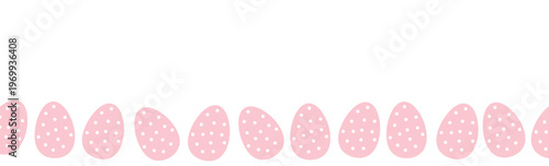 Horizontal frame for greetings. Pink Easter egg with white polka dots. Traditional Easter holiday concept. Isolated on white background. Flat vector design.