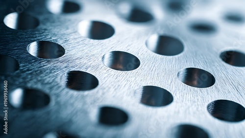 Machined titanium surface macro with circular drilled holes and brushed metallic texture for industrial abstract background