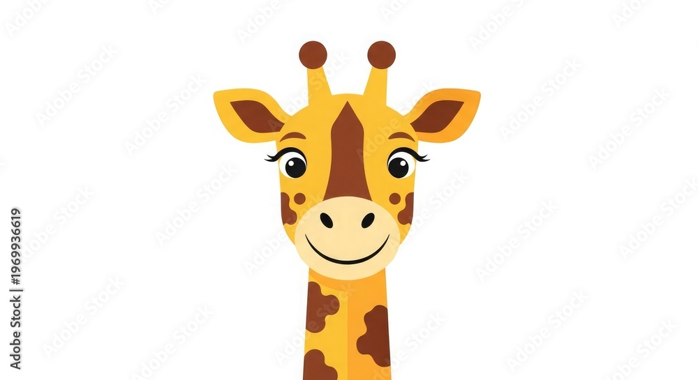 Obraz premium A smiling cartoon giraffe head with horns and spots is looking forward happily.