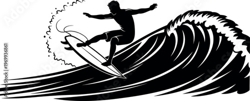 Surfer riding a wave in silhouette