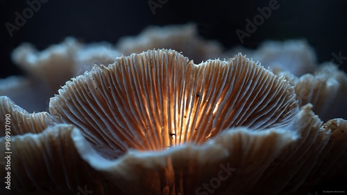Mushroom gill radial structure macro with backlit organic texture and natural fungal pattern background
