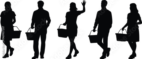Shopping silhouettes, people walking, carrying baskets, retail activity, consumer lifestyle, commerce illustration, everyday shopping, male female shoppers, market icons, purchase concept