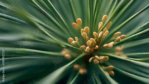 Pine needle bundle geometry macro with radial green botanical structure and natural plant background