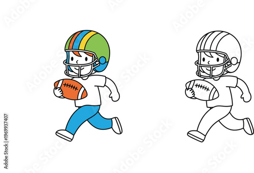 Cute Cartoon Boy Playing American Football Vector Illustration with Black and White Line Art Coloring Page Version