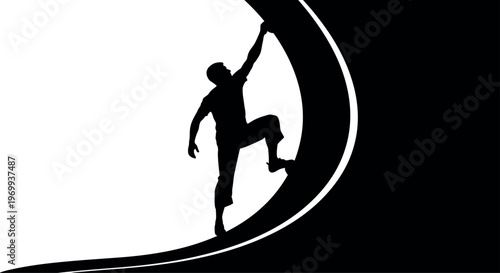 Silhouette of a person climbing a curved silhouette