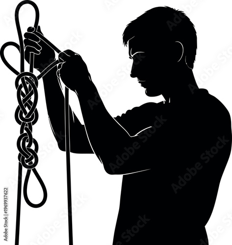 Silhouette of a man handling climbing ropes and carabiner