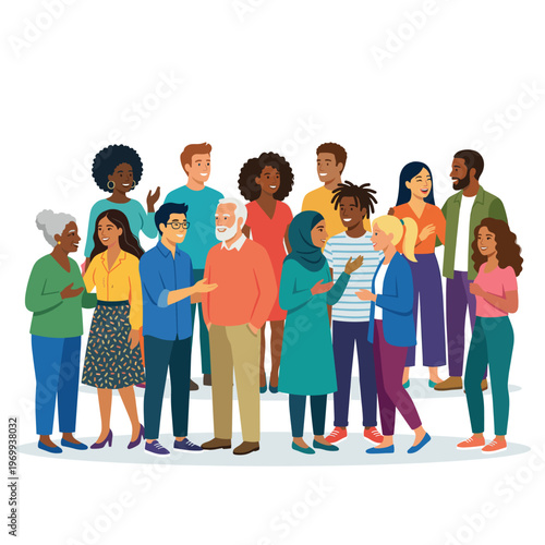 Diverse group of people chatting and smiling in a casual setting  