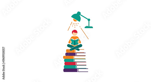 Boy sitting on stack of books.