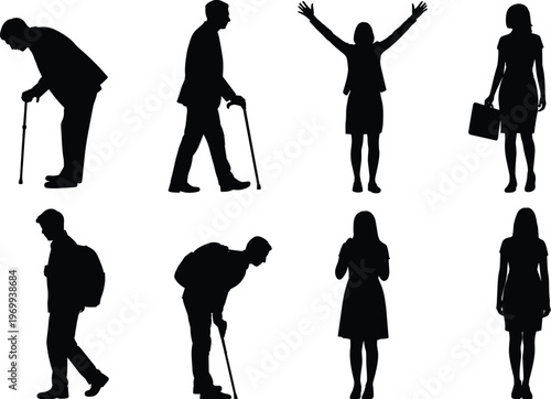 People silhouettes collection, elderly figures, cane posture, backpack stance, women poses, handbag holding, arms raised gesture, casual shadow, vector illustration design