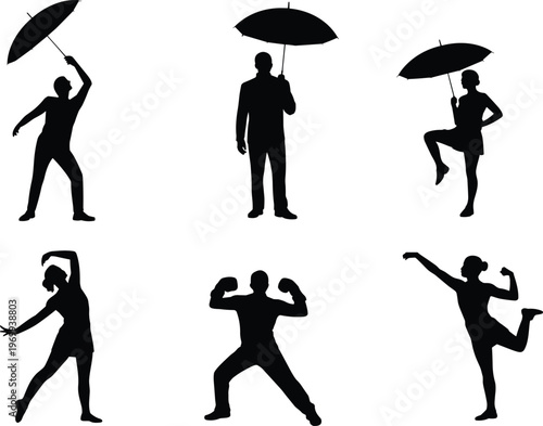 People silhouettes collection, umbrella poses, dancing figures, strongman stance, celebratory posture, vector illustration, black icons, expressive design, movement, style