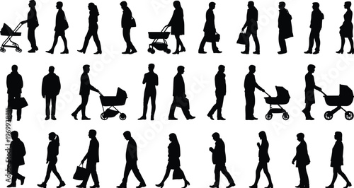 People silhouettes collection, walking poses, standing figures, stroller pushing, carrying bags, casual movement, everyday activities, shadow vector, public illustration