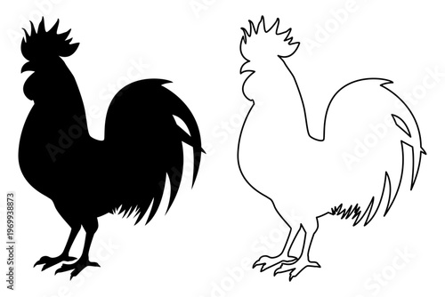 Rooster silhouette and outline vector illustration set, Gallus gallus domesticus poultry bird farm animal isolated on white background, minimalist logo design template for sunrise or morning concept.
