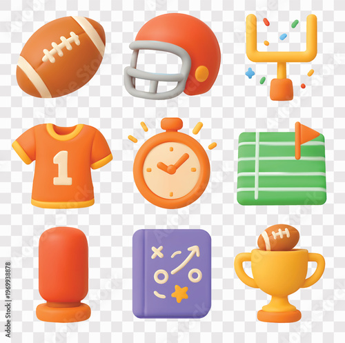American Football Vector Icon Set | 3D icon set | a football, helmet, goal post, jersey, stopwatch, football field, training cone, playbook, and a trophy with a ball