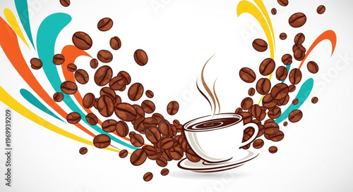 Coffee cup surrounded by flying beans and colorful flowing lines creating energetic abstract composition.