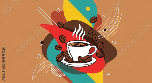 Symmetrical composition of coffee beans flying around a central cup with colorful abstract streaks.