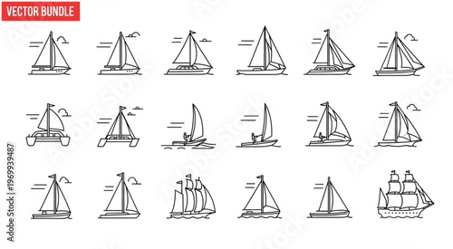 Collection of hand-drawn sailboats in various designs and styles, vector bundle.