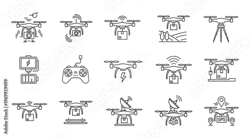 Collection of drone illustrations showcasing various applications and technologies in aerial photography.