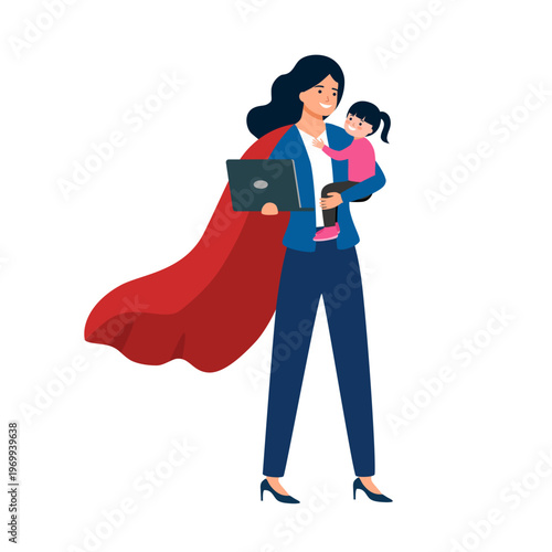 Mother superhero holding laptop and her daughter in flat design. Super mom.