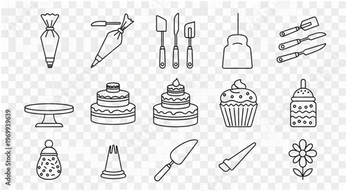 Collection of baking and pastry tools and equipment in line art style.