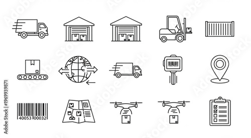 Logistics and transportation icons representing global delivery and shipping.