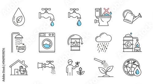 Water conservation and environmental sustainability icons representing various water usage scenarios.