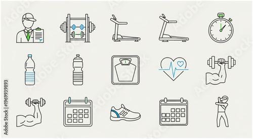 Fitness and wellness icons representing healthy lifestyle and exercise routines.