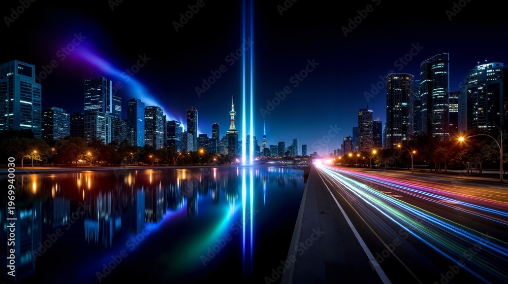 Obraz premium A long exposure shot of a city skyline at night