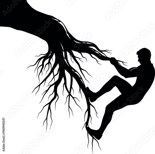 Silhouette of a person climbing a tree root silhouette