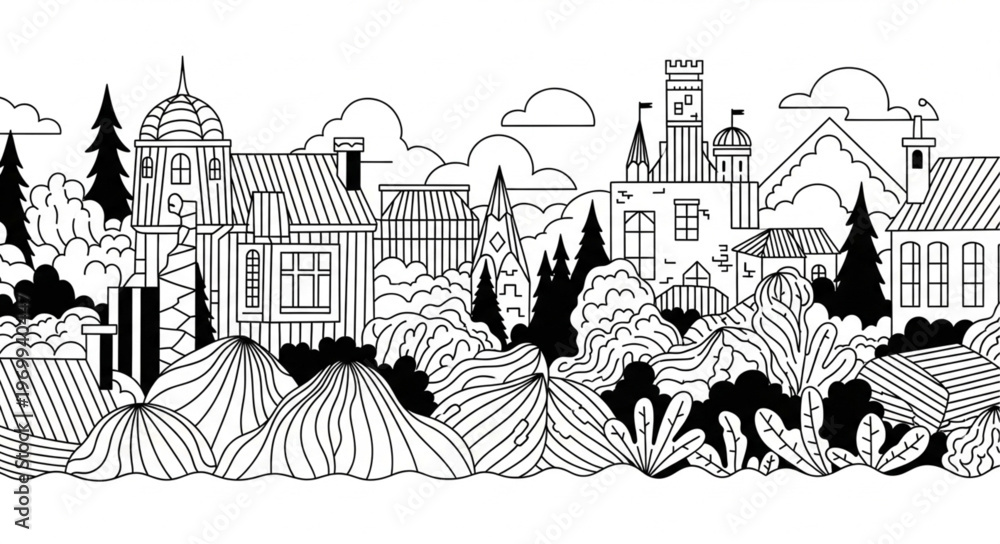 Obraz premium Black and white cityscape illustration.