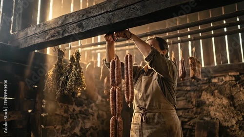 Farmer woman hanging sausages to cure in traditional smokehouse. Rural food preparation, artisan meat processing and farmhouse workshop