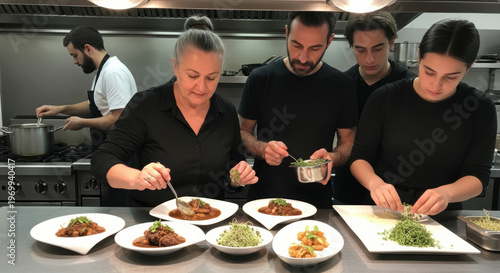 Culinary Team Precision: Chefs Plating Exquisite Gourmet Dishes in a Professional Kitchen