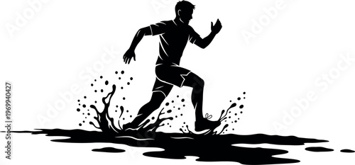 Silhouette of a man running through water