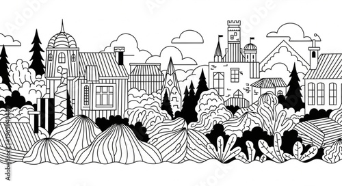 Black and white cityscape illustration.