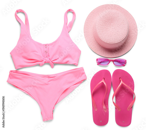 Pink swimsuit with hat, sun...