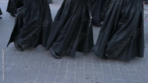 View of costaleros carrying a Holy Week religious float during procession in Sagunto Spain