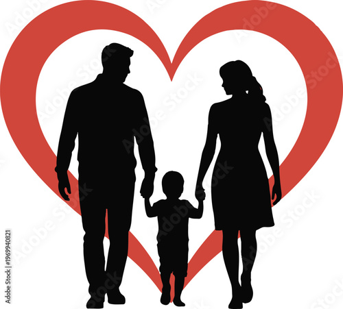 Family silhouette with child holding hands inside heart shape