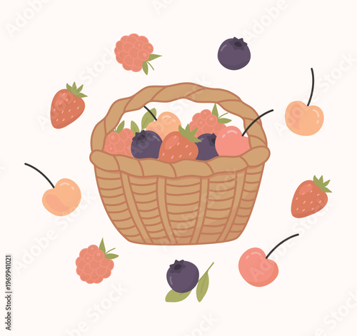 Vector illustration of wicker basket filled with fresh summer berries like strawberries raspberries blueberries cherries in hand drawn cottagecore style. Organic fruit harvest clip art for design.