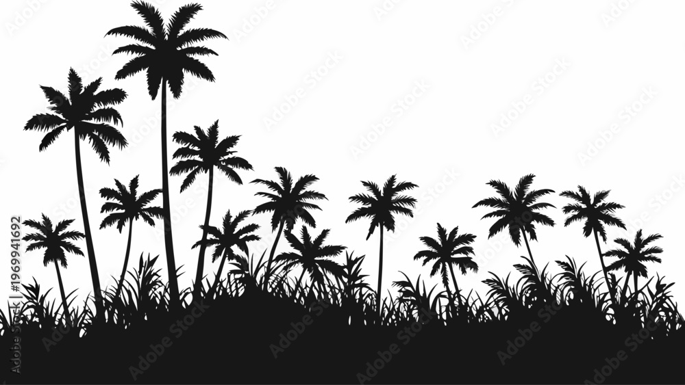 Fototapeta premium A black silhouette of palm trees and grass on a white background, a minimalist vector graphic design