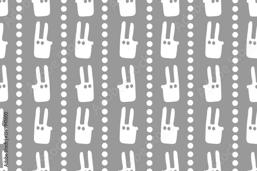 Beautiful seamless pattern with white rabbit on gray background. Festive and cheerful ornament. Flat vector design. For textiles, packaging, backgrounds, or websites.