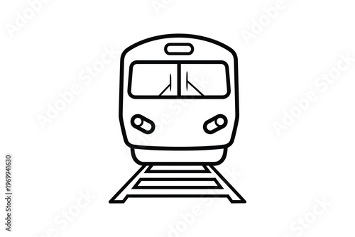 Minimalist black and white line drawing of a modern train on tracks, front view, simple and clean design, vector illustration.