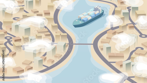 Isometric river city with container ship, bridge, and clouds