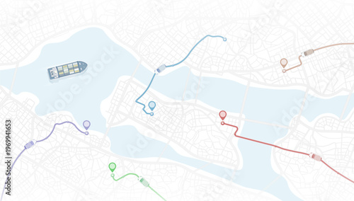 Waterway city map with multicolored routes, pins, and vessel