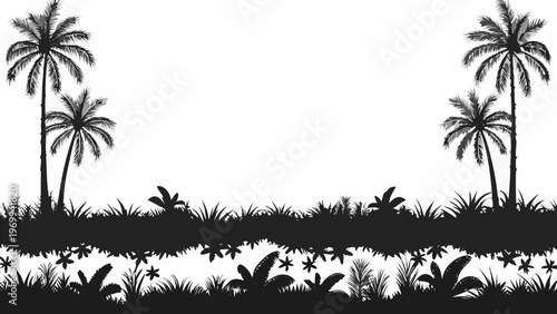 A black silhouette of palm trees and tropical foliage on a white background, ideal for use as a vector graphic or icon