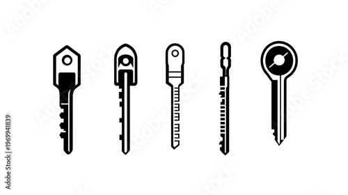 Stylized black and white illustrations of five different keys on a white background