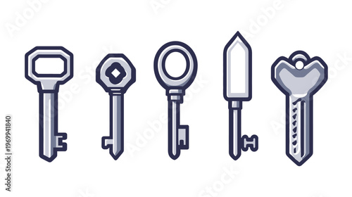A set of five different stylized keys, each with unique handles and intricate designs