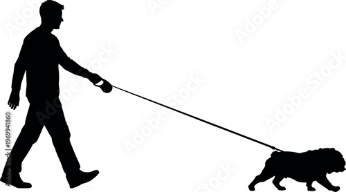 Silhouette of a man walking a dog on a leash